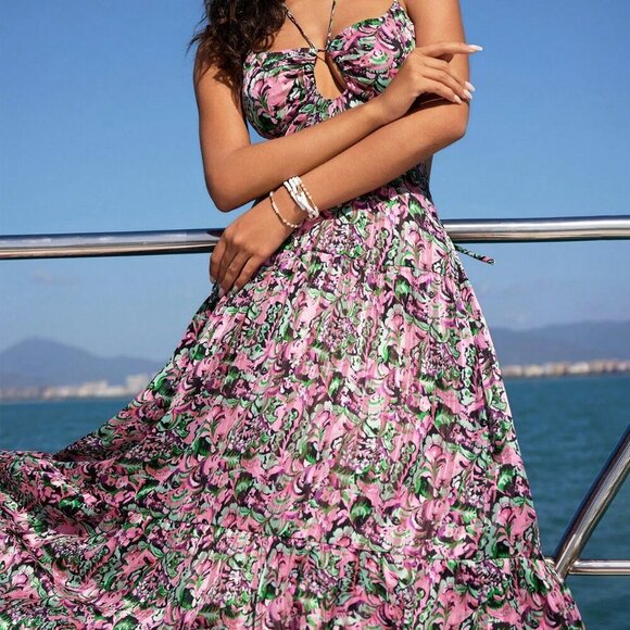 Boho Women's Plant Pattern Print Backless Spaghetti Strap Dress - Picture 4 of 6
